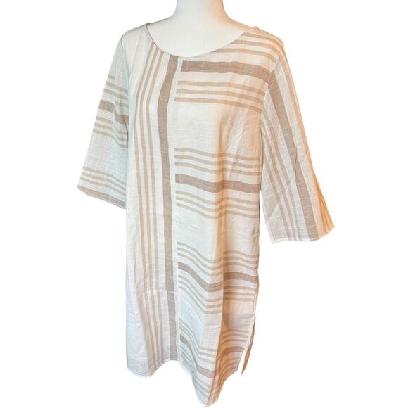 Soft Surroundings Calypso Breeze Dress XL Linen Blend Beige Tan Plaid Tunic - Picture 3 of 9